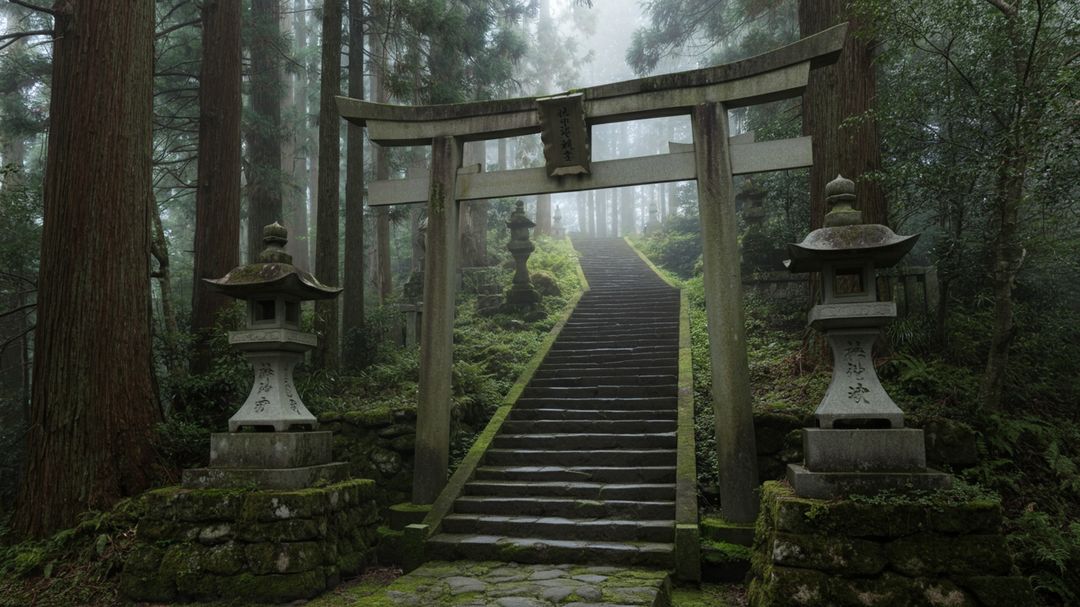 Cổng torii đền thần Nhật Bản trong sương sớm