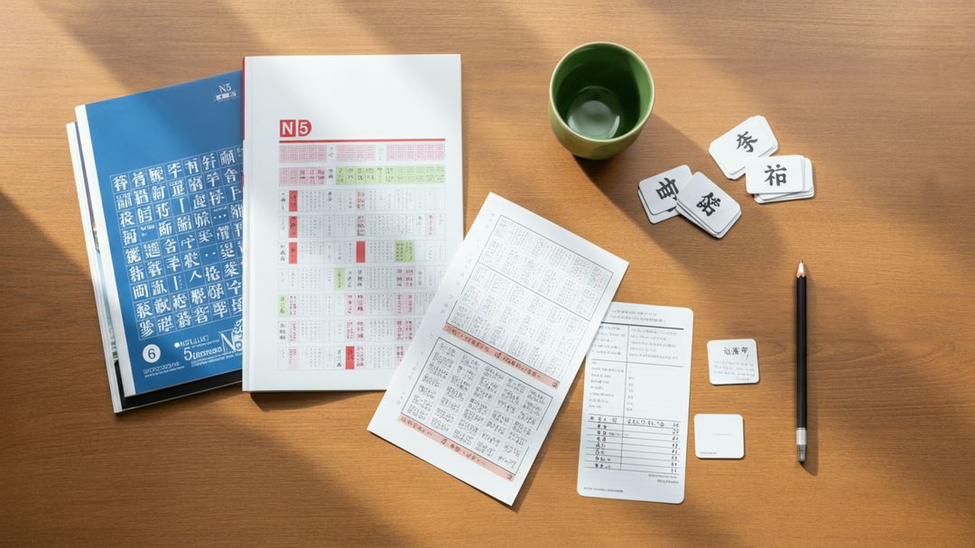 Tài liệu học tiếng Nhật N5 trên bàn học
