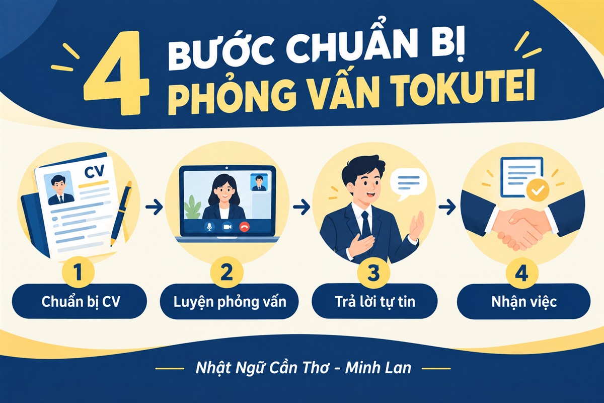 4 bước chuẩn bị phỏng vấn Tokutei: chuẩn bị CV, luyện phỏng vấn, trả lời tự tin, nhận việc